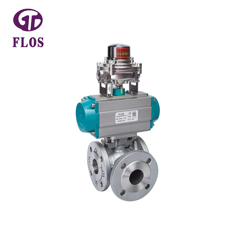 3 way pneumatic stainless steel ball valve with open-close  switch, flanged ends