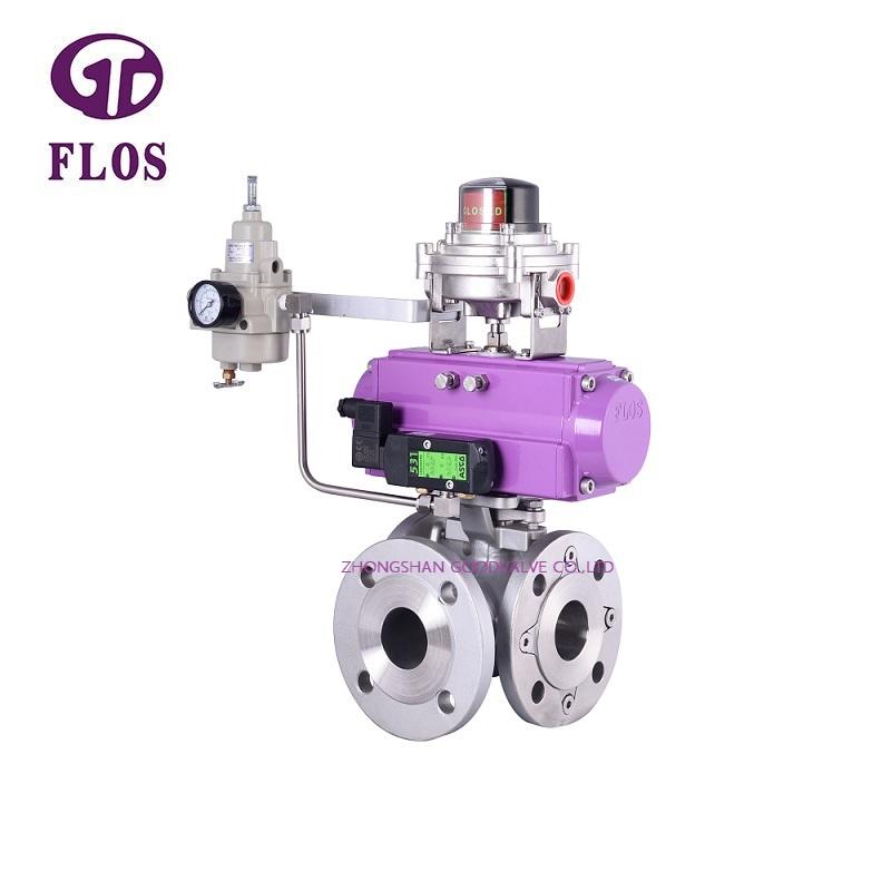 3 way pneumatic stainless steel ball valve with open-close  switch, flanged ends